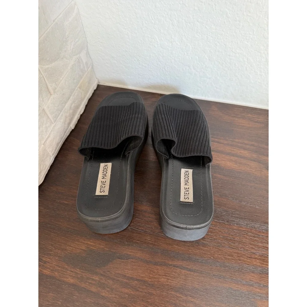Steve Madden Black Ribbed Knit Platform Slide Sandals Y2K Open Toe Womens 6